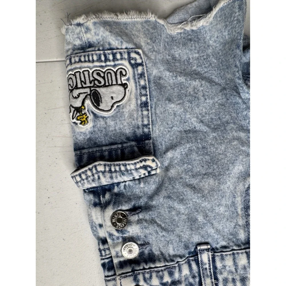 Justice Peanuts Snoopy Acid Wash Denim Shortalls Girls Blue Cargo Bib Overalls